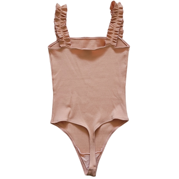 Sunday Best Orange Firecracker Ruffle Strap Ribbed Thong-cut Bodysuit, Size XS - Picture 3 of 11
